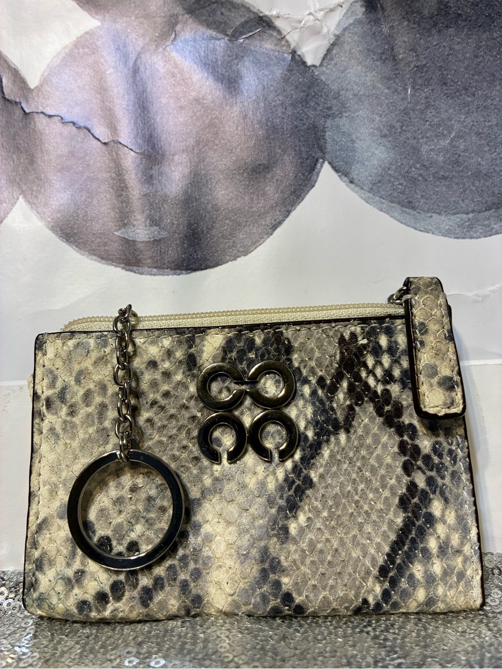 Coach Python Embossed Leather coin purse Beige and Black keychain - Picture 4 of 4